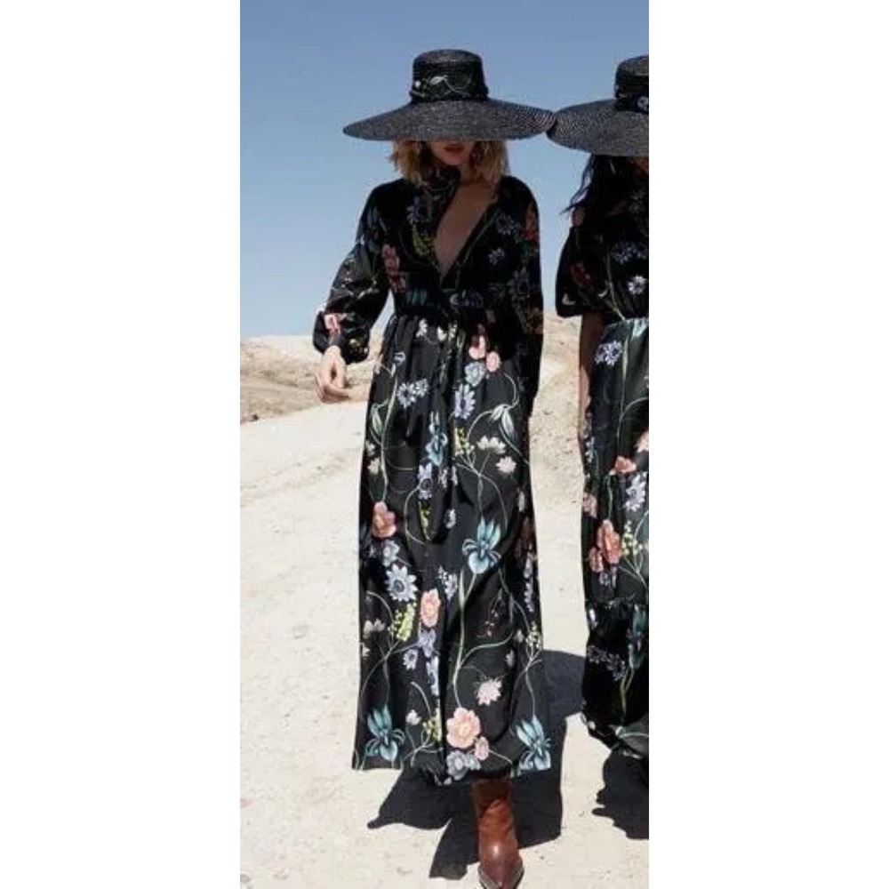 Borgo De Nor Francesca Black Floral Maxi Dress‎ Womens Size 6 Button Front Lined